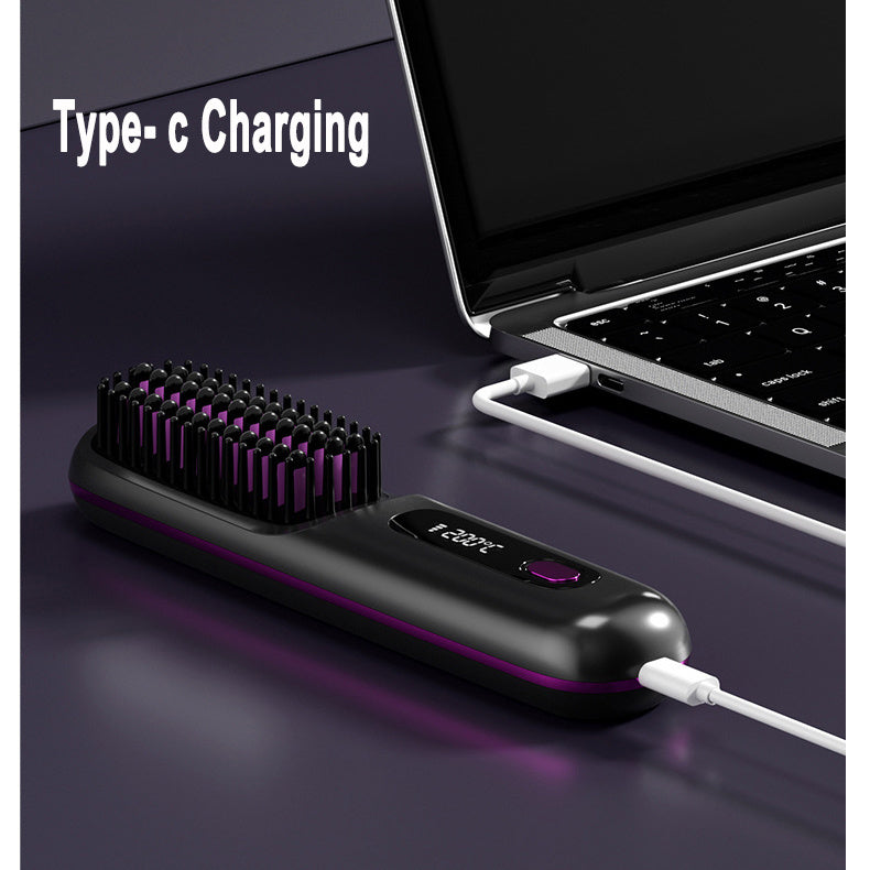 2 In 1 Straight Hair Comb Wireless Hair Straightener Brush Hair Fast Heating Portable Hot Curler USB Charging.
