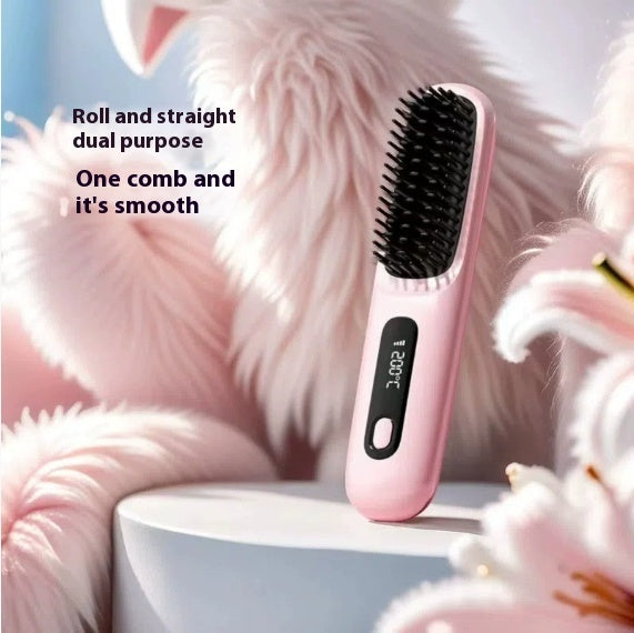 2 In 1 Straight Hair Comb Wireless Hair Straightener Brush Hair Fast Heating Portable Hot Curler USB Charging - zaranest