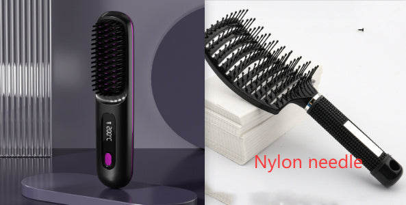 2 In 1 Straight Hair Comb Wireless Hair Straightener Brush Hair Fast Heating Portable Hot Curler USB Charging.