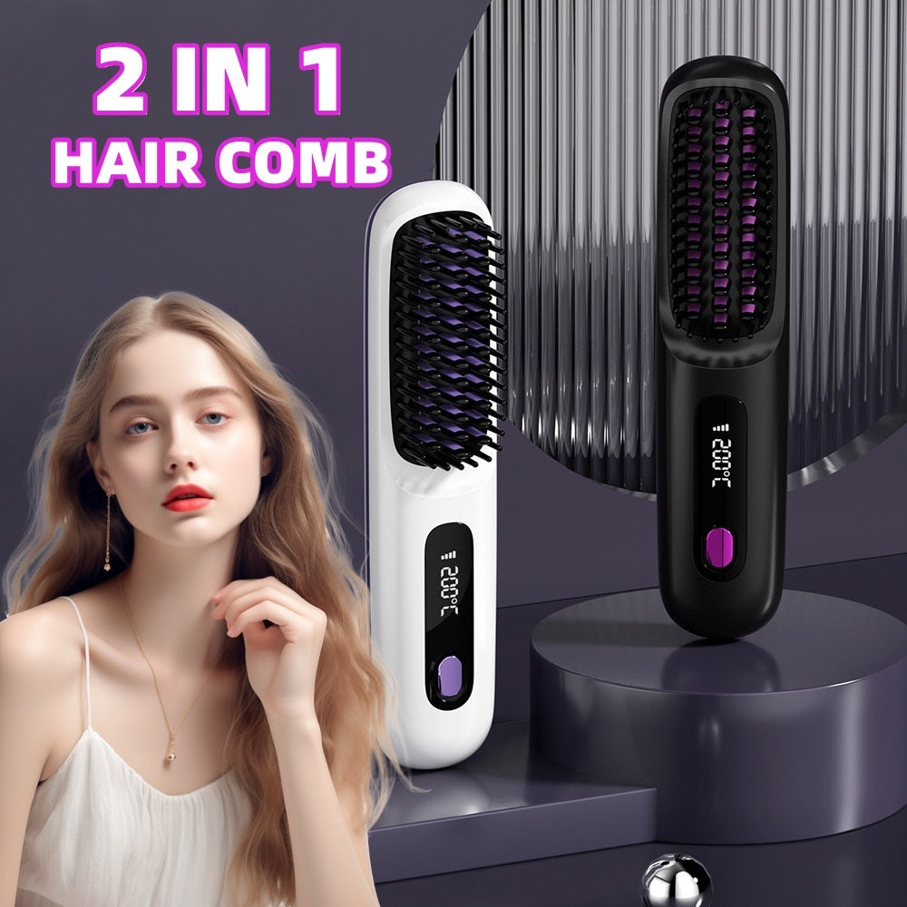 2 In 1 Straight Hair Comb Wireless Hair Straightener Brush Hair Fast Heating Portable Hot Curler USB Charging.