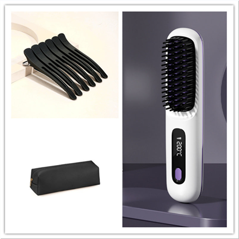 2 In 1 Straight Hair Comb Wireless Hair Straightener Brush Hair Fast Heating Portable Hot Curler USB Charging - zaranest