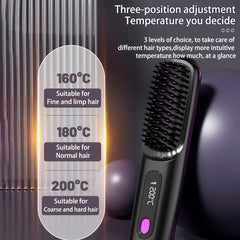 2 In 1 Straight Hair Comb Wireless Hair Straightener Brush Hair Fast Heating Portable Hot Curler USB Charging.