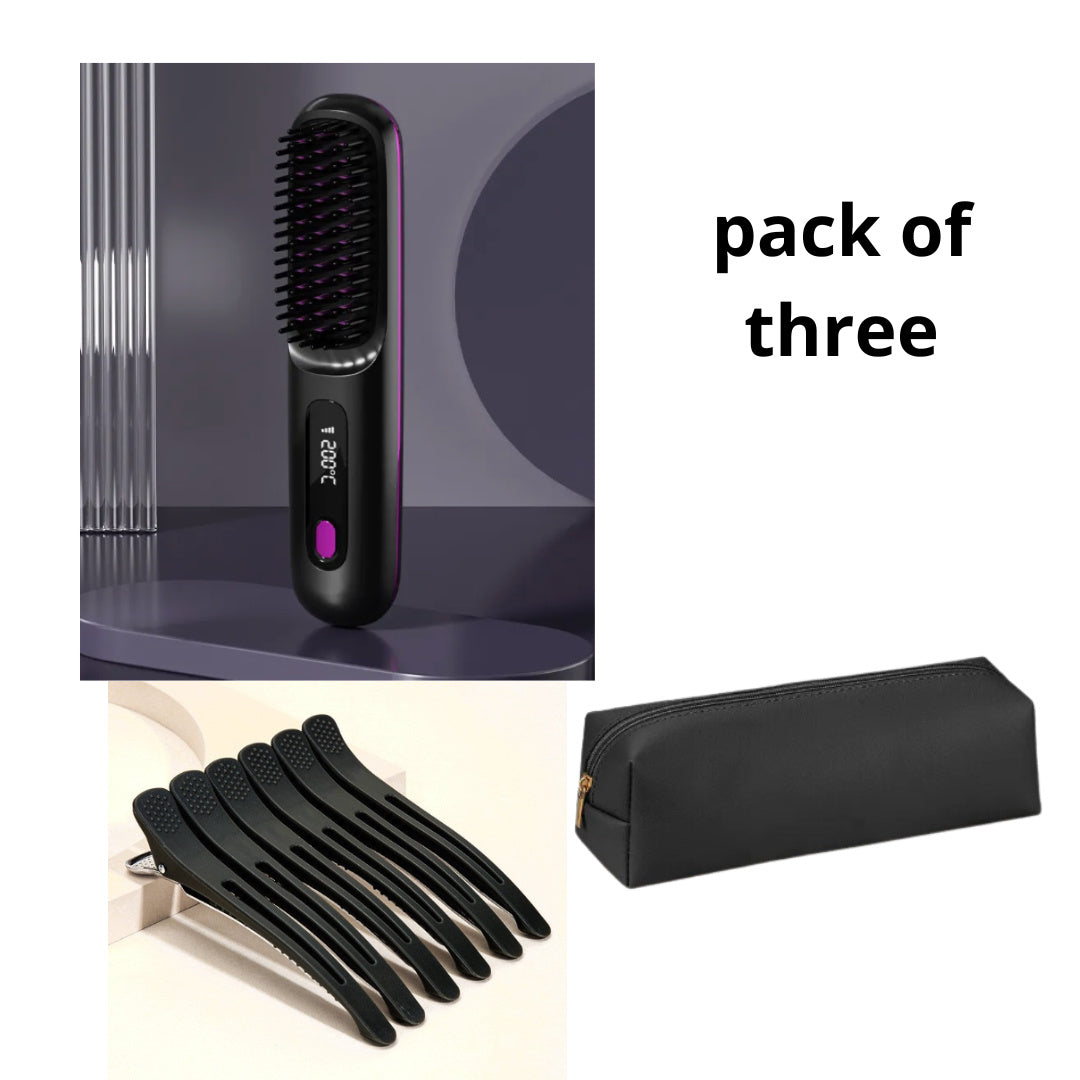 2 In 1 Straight Hair Comb Wireless Hair Straightener Brush Hair Fast Heating Portable Hot Curler USB Charging - zaranest